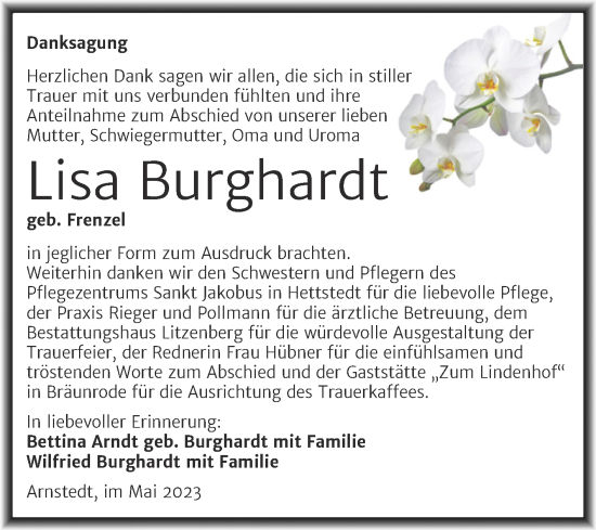 Traueranzeige von Lisa Burghardt von Trauerkombi Mansfelder Land