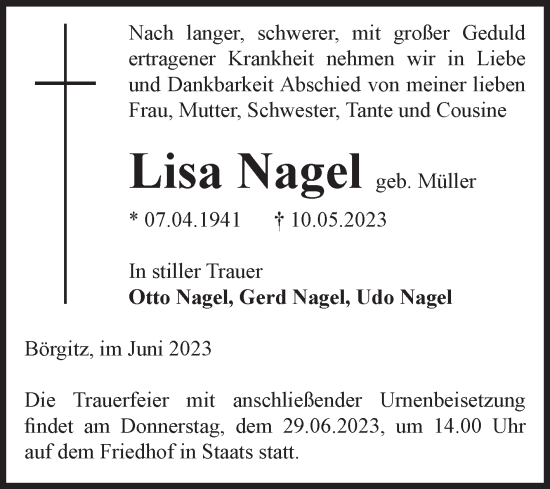 Traueranzeige von Lisa Nagel von Volksstimme Altmark Ost