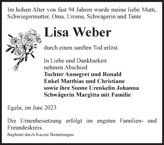 Traueranzeige von Lisa Weber von Volksstimme Staßfurt