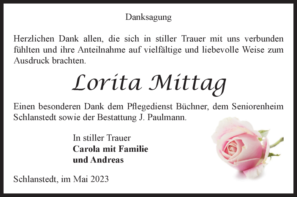  Traueranzeige für Lorita Mittag vom 03.06.2023 aus Volksstimme Halberstadt