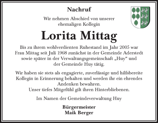 Traueranzeige von Lorita Mittag von Volksstimme Halberstadt