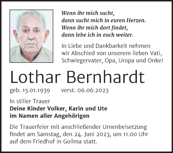 Traueranzeige von Lothar Bernhardt von Mitteldeutsche Zeitung Halle/Saalkreis