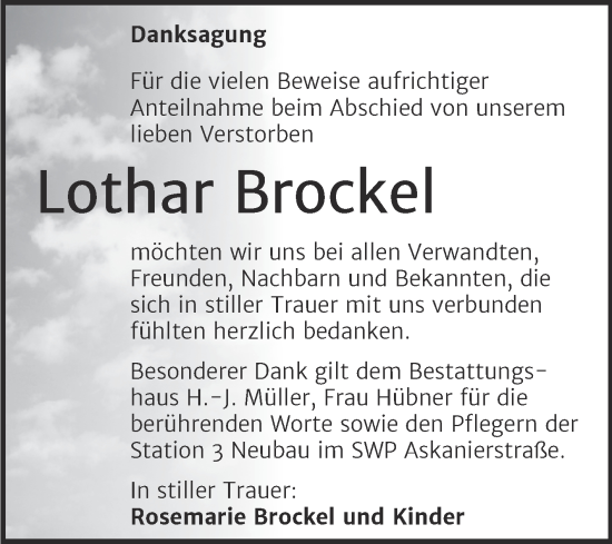 Traueranzeige von Lothar Brockel von Trauerkombi Aschersleben
