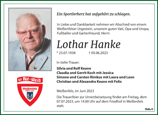 Traueranzeige von Lothar Hanke von Trauerkombi Weißenfels