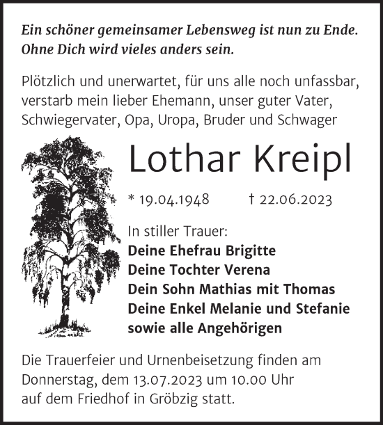 Traueranzeige von Lothar Kreipl von Trauerkombi Köthen
