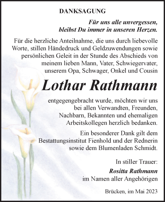 Traueranzeige von Lothar Rathmann von Trauerkombi Sangerhausen
