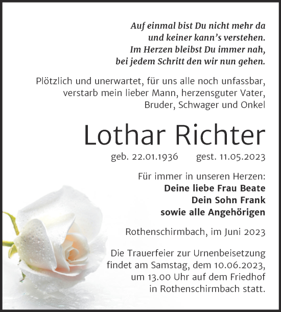 Traueranzeige von Lothar Richter von Trauerkombi Mansfelder Land