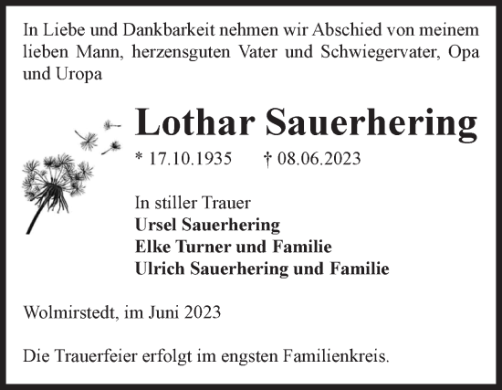 Traueranzeige von Lothar Sauerhering von Volksstimme Haldensleben/Wolmirstedt