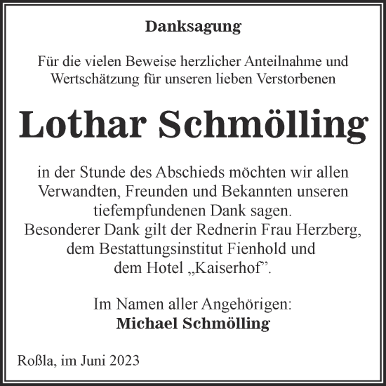 Traueranzeige von Lothar Schmölling von Trauerkombi Sangerhausen
