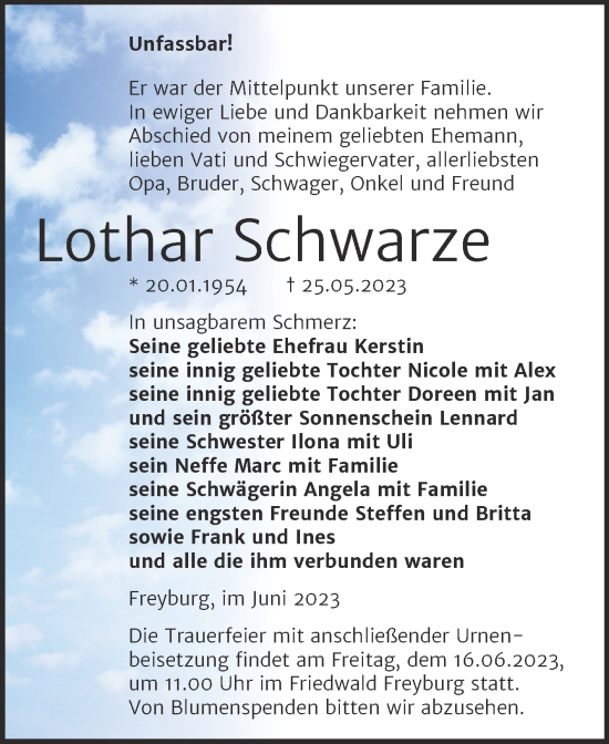 Traueranzeige von Lothar Schwarze von Wochenspiegel Naumburg/Nebra