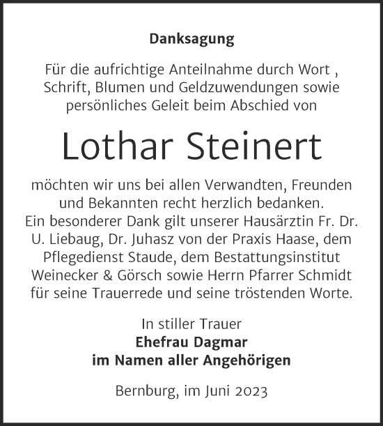 Traueranzeige von Lothar Steinert von Trauerkombi Bernburg