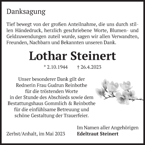Traueranzeige von Lothar Steinert von Volksstimme Zerbst