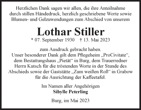 Traueranzeige von Lothar Stiller von Volksstimme Burg/Genthin