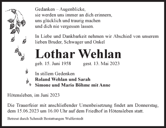 Traueranzeige von Lothar Wehlan von Volksstimme Oschersleben/Wanzleben