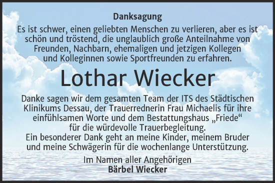 Traueranzeige von Lothar Wiecker von Trauerkombi Dessau