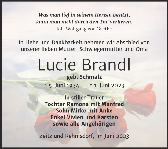 Traueranzeige von Lucie Brandl von Trauerkombi Zeitz