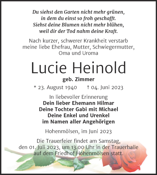 Traueranzeige von Lucie Heinold von Trauerkombi Weißenfels