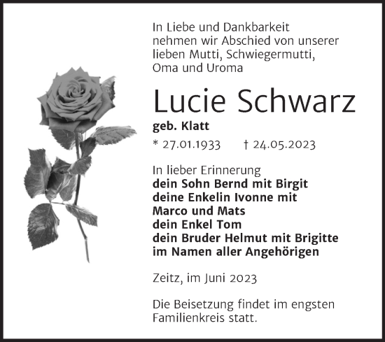 Traueranzeige von Lupe Schwarz von Trauerkombi Zeitz