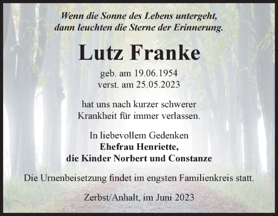 Traueranzeige von Lutz Franke von Volksstimme Zerbst