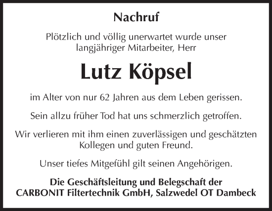 Traueranzeige von Lutz Köpsel von Volksstimme Altmark West