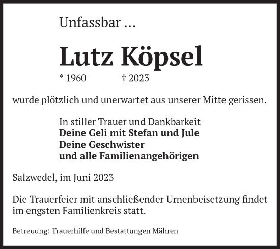 Traueranzeige von Lutz Köpsel von Volksstimme Altmark West