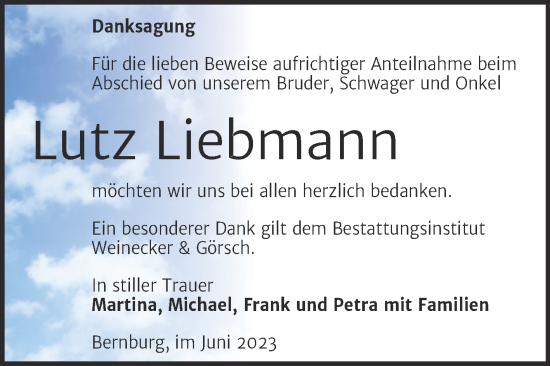 Traueranzeige von Lutz Liebmann von Trauerkombi Bernburg