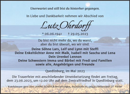 Traueranzeige von Lutz Ohrdorff von Trauerkombi Quedlinburg