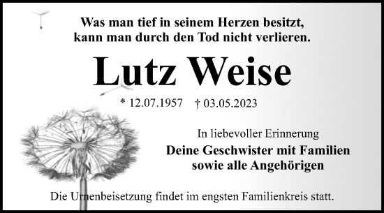 Traueranzeige von Lutz Weise von Trauerkombi Wittenberg
