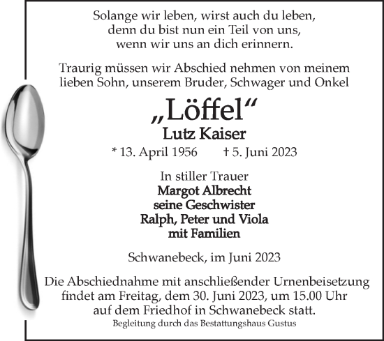 Traueranzeige von Lutztz Kaiser von Volksstimme Halberstadt