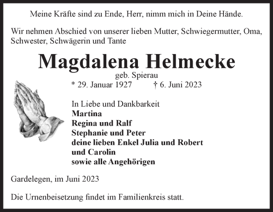 Traueranzeige von Magdalena Helmecke von Volksstimme Altmark West