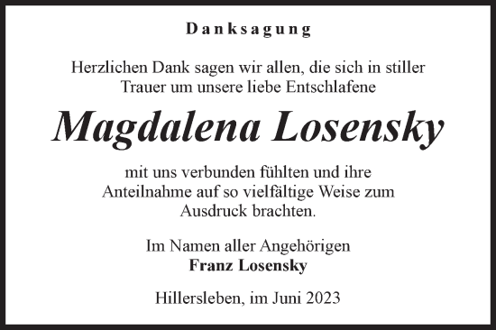 Traueranzeige von Magdalena Losensky von Volksstimme Haldensleben/Wolmirstedt