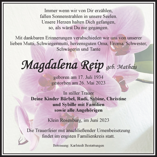 Traueranzeige von Magdalena Reip von Volksstimme Schönebeck