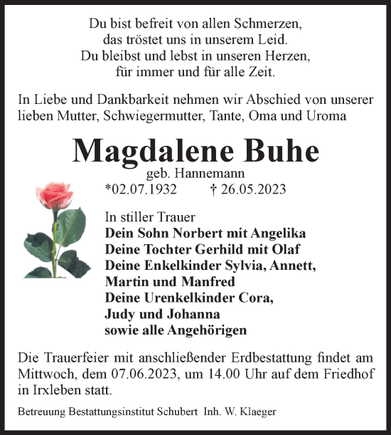 Traueranzeige von Magdalene Buhe von Volksstimme Haldensleben/Wolmirstedt