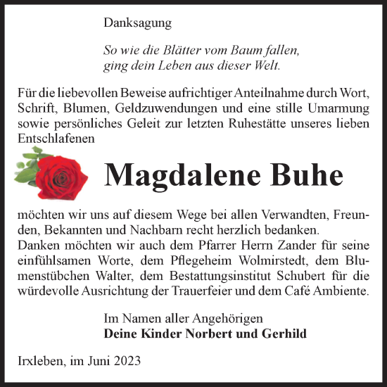 Traueranzeige von Magdalene Buhe von Volksstimme Haldensleben/Wolmirstedt