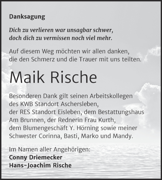 Traueranzeige von Maik Rische von Trauerkombi Bernburg