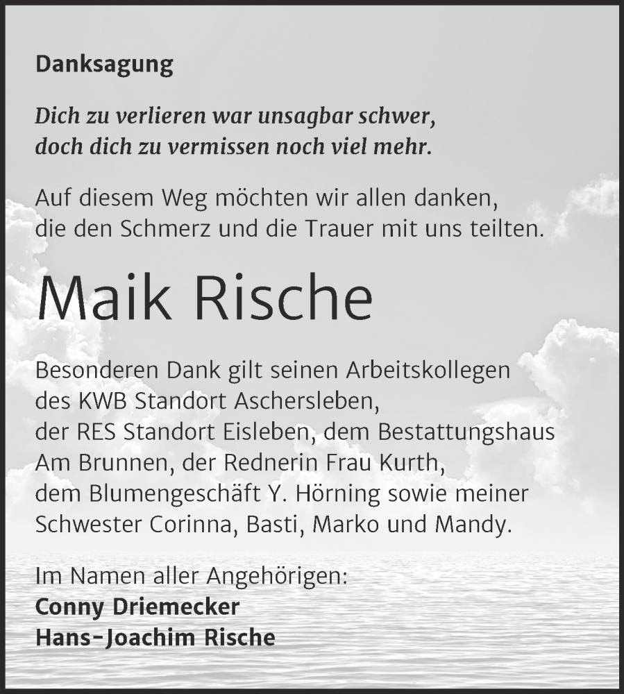 Traueranzeige für Maik Rische vom 10.06.2023 aus Trauerkombi Bernburg