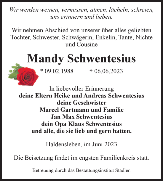 Traueranzeige von Mandy Schwentesius von Volksstimme Haldensleben/Wolmirstedt