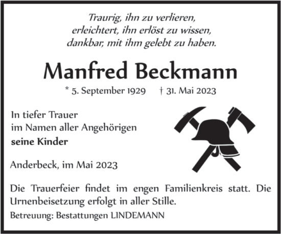 Traueranzeige von Manfred Beckmann von Volksstimme Halberstadt