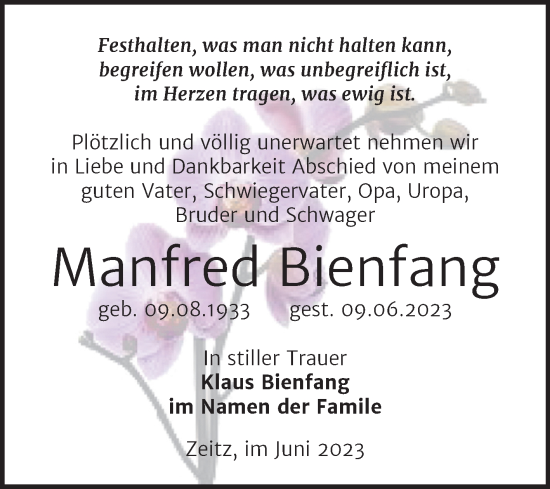 Traueranzeige von Manfred Bienfang von Trauerkombi Zeitz