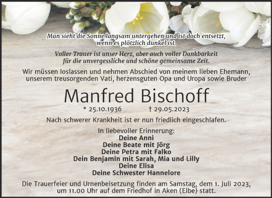Traueranzeige von Manfred Bischoff von Trauerkombi Köthen