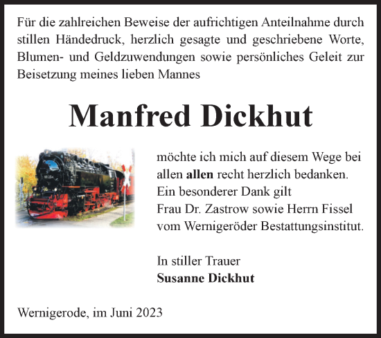 Traueranzeige von Manfred Dickhut von Volksstimme Wernigerode