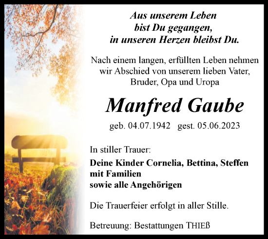 Traueranzeige von Manfred Gaube von Volksstimme Wernigerode