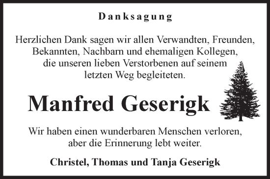Traueranzeige von Manfred Geserigk von Volksstimme Wernigerode