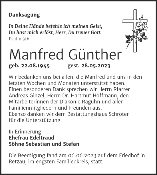 Traueranzeige von Manfred Günther von Trauerkombi Bitterfeld