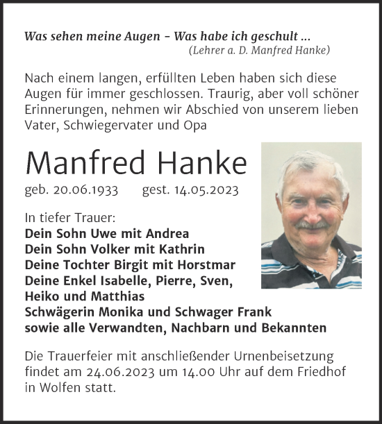 Traueranzeige von Manfred Hanke von Trauerkombi Bitterfeld