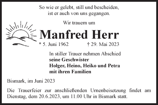 Traueranzeige von Manfred Herr von Volksstimme Altmark Ost