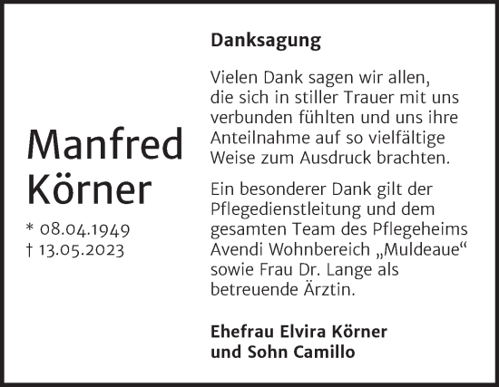 Traueranzeige von Manfred Körner von Trauerkombi Dessau