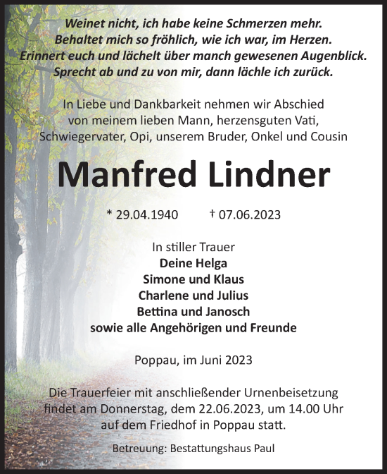 Traueranzeige von Manfred Lindner von Volksstimme Altmark West