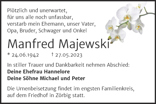 Traueranzeige von Manfred Majewski von Trauerkombi Bitterfeld