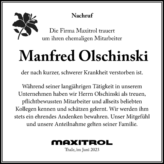 Traueranzeige von Manfred Olschinski von Mitteldeutsche Zeitung Quedlingburg